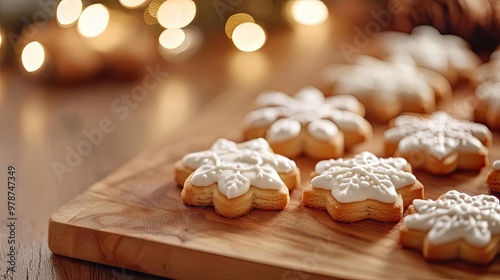 Beautifully decorated snowflake cookies on a wooden board, perfect for holiday celebrations and festive gatherings.