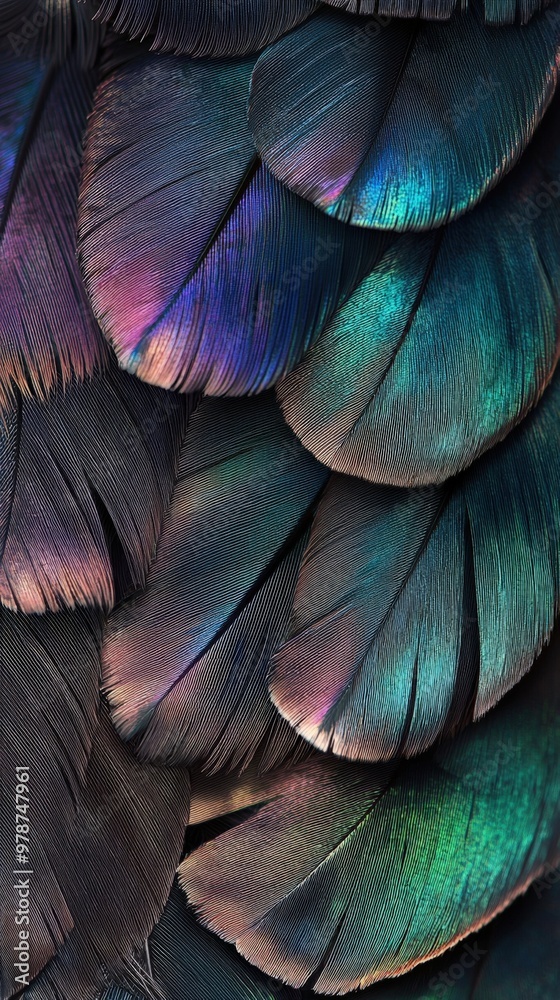 Captivating iridescent feathers of a bird displayed in vivid colors under natural light Captivating iridescent feathers of a bird displayed in vivid colors under natural light