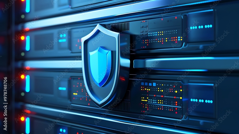 Modern server with a security shield, symbolizing data protection and cybersecurity in a digital environment. Modern server with a security shield, symbolizing data protection and cybersecurity in a digital environment.