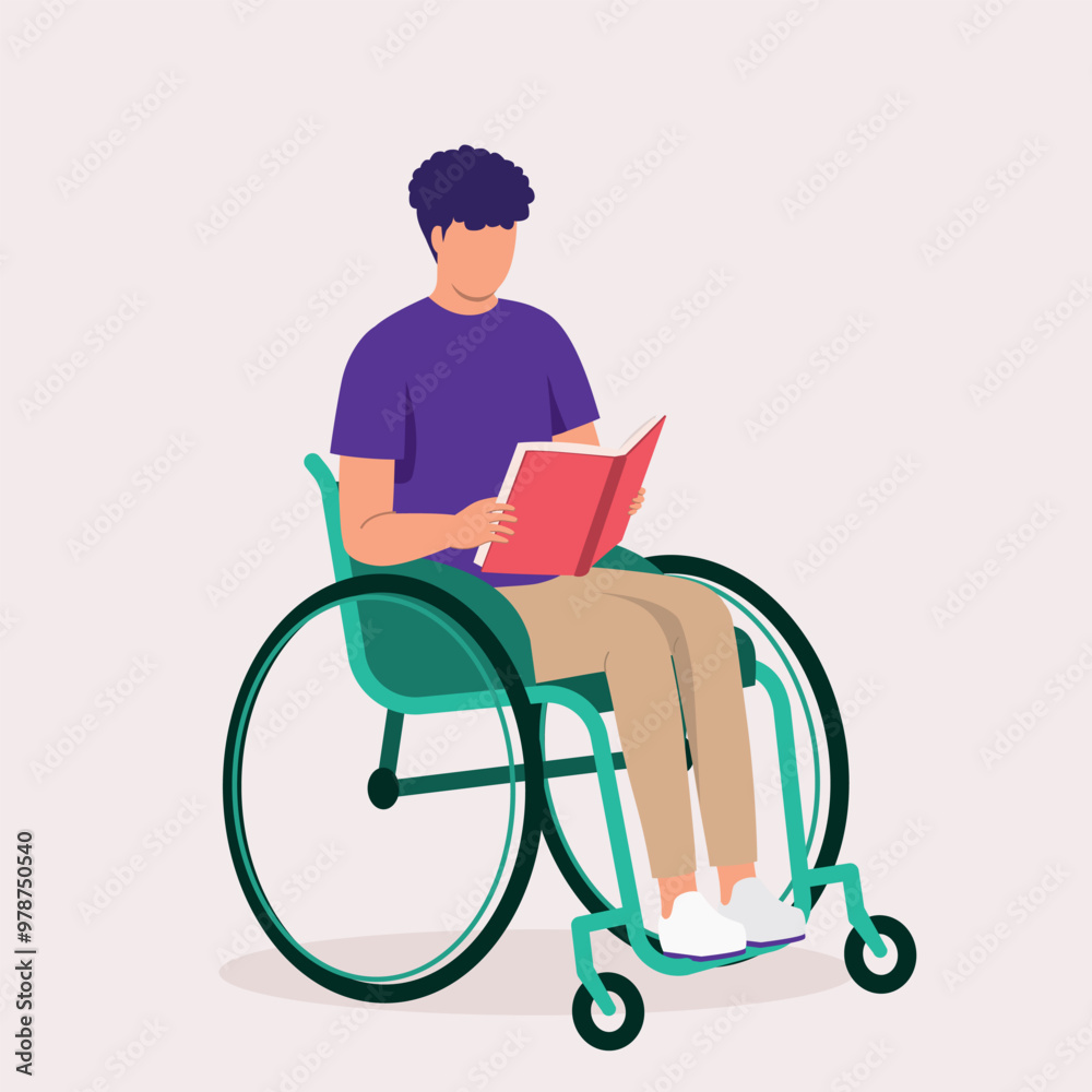 One Disabled Young Man In Wheelchair Reading A Book. One Disabled Young Man In Wheelchair Reading A Book.