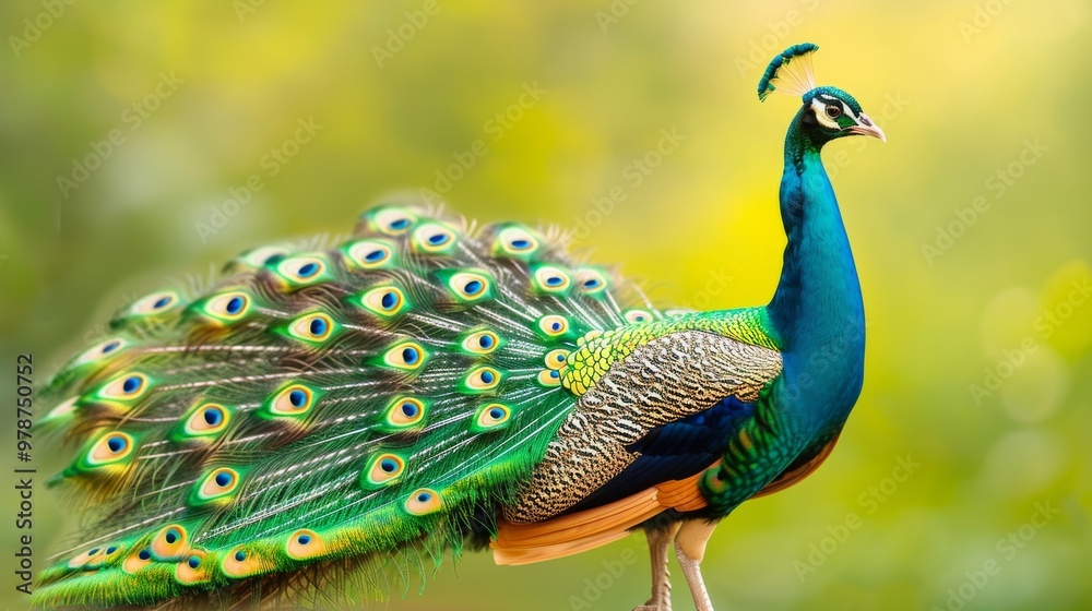 Fototapeta premium Beautiful peacock displaying its vibrant and colorful feathers against a green, natural background in bright light.