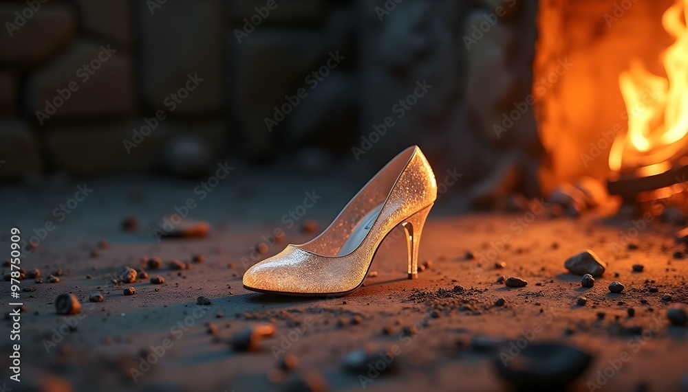 A glittering high-heeled shoe is placed beside a warm fireplace on a rocky floor A glittering high-heeled shoe is placed beside a warm fireplace on a rocky floor