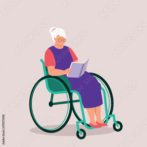 One Disabled Elderly Woman In Wheelchair Reading A Book.