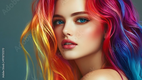 Beauty Fashion Model Girl with Colorful Dyed Hair. Woman with perfect Makeup and Hairstyle. Model with perfect Healthy Dyed Hair. Rainbow Hairstyles