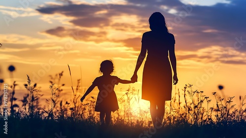 Silhouette of Mother and Young Child Holding Hands at Sunset. Silhouette of a young mother lovingly holding hands with her happy little child outside in front of a sunset in the sky with the