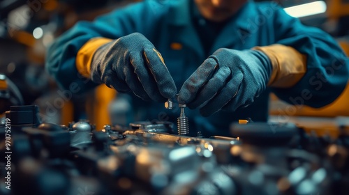 A skilled technician works on machinery components, ensuring precision assembly in a professional workshop environment. photo