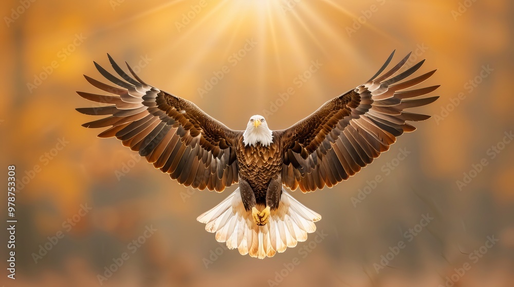 Obraz premium Majestic bald eagle flying with wings spread wide, illuminated by a golden sunlight background.