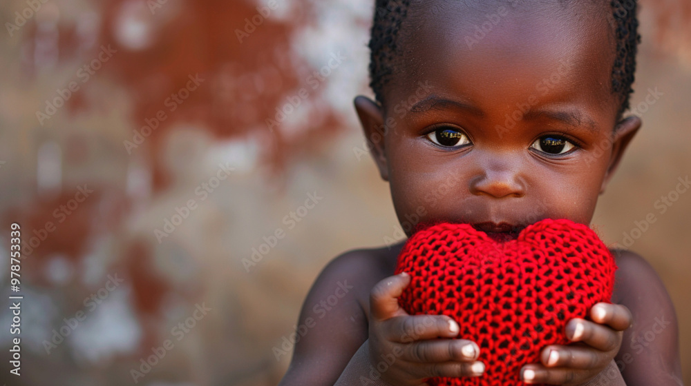 African poor kid holds knitted heart in hands looking into camera. Sharing love, kids protection, healthcare care about third countries donation and charity concept. Copy paste African poor kid holds knitted heart in hands looking into camera. Sharing love, kids protection, healthcare care about third countries donation and charity concept. Copy paste