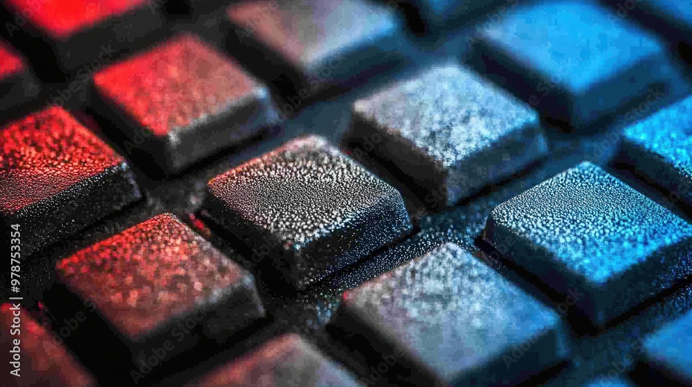 Colorful close-up of a wet keyboard highlighting the interplay of light and texture at night Colorful close-up of a wet keyboard highlighting the interplay of light and texture at night
