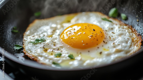 A delicious fried egg with bright yolk, garnished with herbs, sizzles in pan