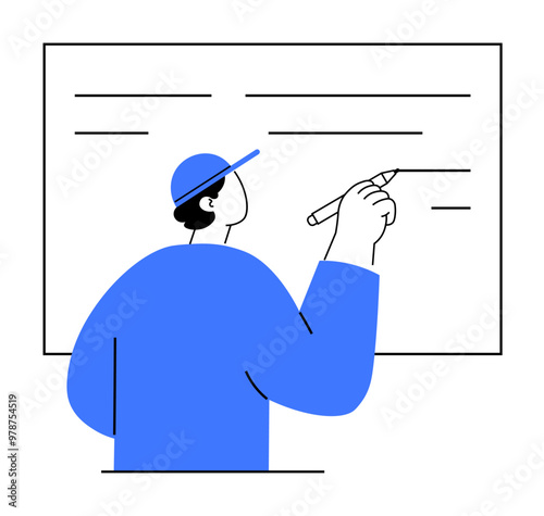 Person in blue shirt and cap writing on whiteboard, style minimalistic. Ideal for education, presentations, workshops, meetings, office environments. Encourages creativity and sharing ideas.