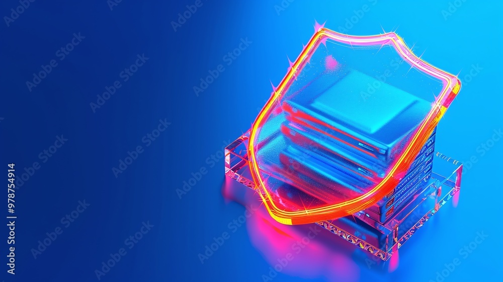 Stylized shield symbol on vibrant blue background representing security and protection in digital technologies. Stylized shield symbol on vibrant blue background representing security and protection in digital technologies.