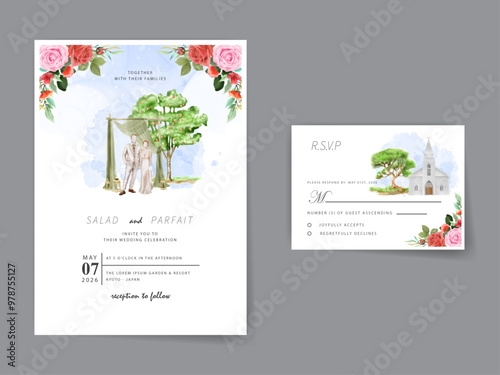 beautiful floral and marriage couple illustration wedding invitation card