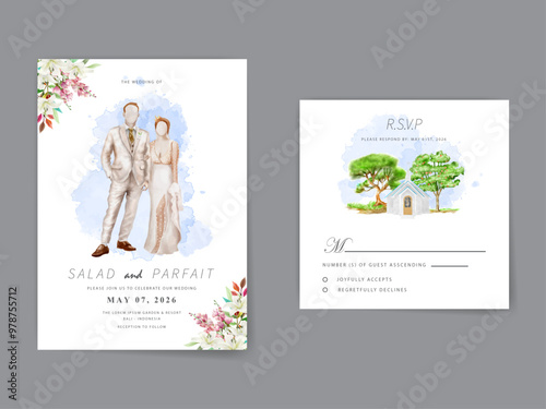 beautiful floral and marriage couple illustration wedding invitation card
