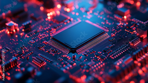 Close-up view of a computer circuit board illuminated by red lights showcasing intricate technology