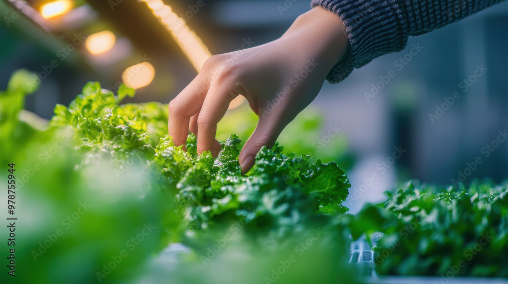 Hands inspecting lab grown vegetables in futuristic setting, showcasing vibrant greens Hands inspecting lab grown vegetables in futuristic setting, showcasing vibrant greens