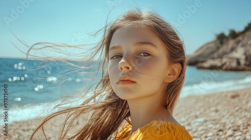 Fototapeta Naklejka Na Ścianę i Meble -  A young Croatian girl with flowing hair, enjoying a sunny day on a pebble beach along the Adriatic coast
