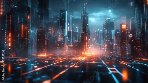 An abstract visualization of a digital world with cities and landscapes made of digital elements and glowing grids