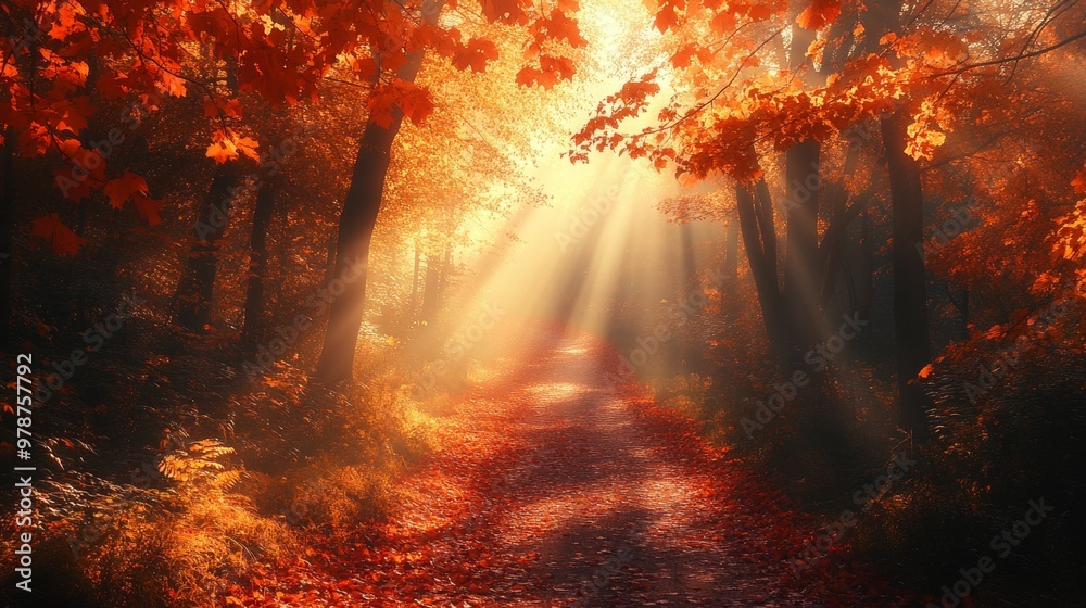 An idyllic autumn path adorned with vibrant hues of orange and red-brown, where maple leaves dance in the sunlight, creating a picturesque forest wonderland An idyllic autumn path adorned with vibrant hues of orange and red-brown, where maple leaves dance in the sunlight, creating a picturesque forest wonderland