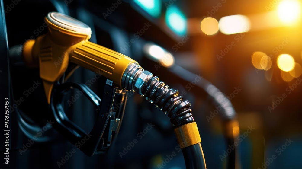 Close-up of a yellow fuel nozzle at a gas station, highlighting modern fuel pump technology and vibrant lighting effects. Close-up of a yellow fuel nozzle at a gas station, highlighting modern fuel pump technology and vibrant lighting effects.