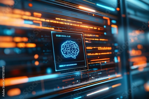 A futuristic digital screen displaying a chatbot interface with a blue brain icon and flowing data lines in the background of a high-tech server room. The interface features text welcoming users to a