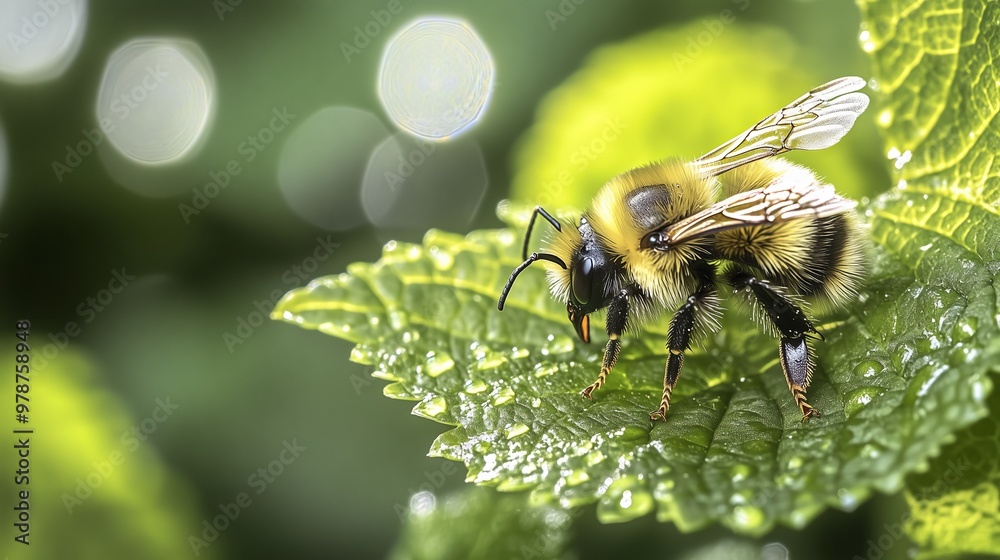A bee rests on a green leaf, sunlight illuminating its fuzzy body and intricate wings. A bee rests on a green leaf, sunlight illuminating its fuzzy body and intricate wings.
