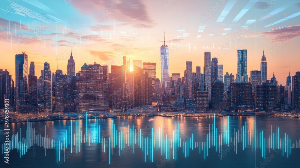 Obraz premium New York City skyline with a forex chart overlay in the foreground, representing the city's role as a global financial hub.
