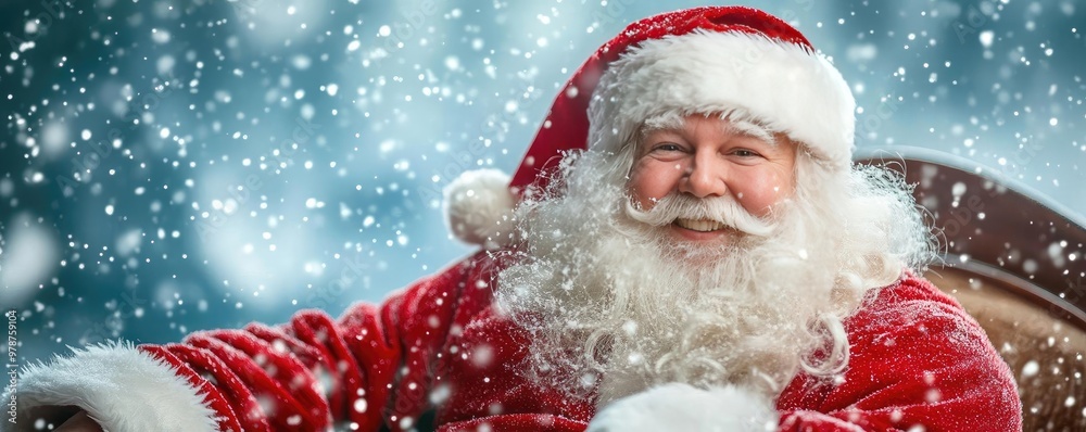 Joyful Santa Claus smiling warmly, surrounded by falling snow, capturing the festive spirit of the holiday season. Joyful Santa Claus smiling warmly, surrounded by falling snow, capturing the festive spirit of the holiday season.