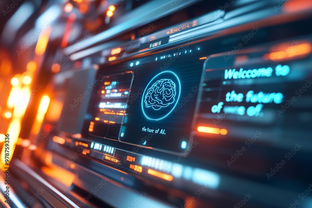 Naklejka premium A digital display in a high-tech server room presents a chatbot interface with a blue brain symbol and the message 