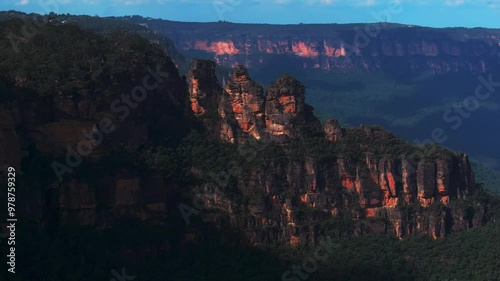 Three Sisters Echo Point Lookout cliff walk World Heritage National Park Blue Mountains parallax drone aerial Katoomba Sydney NSW Australia Gum Tree Eucalyptus Forest bluesky afternoon sunny circle photo