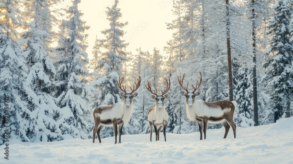 Beautiful reindeer standing in a snowy forest, surrounded by tall evergreen trees and a serene winter landscape. Beautiful reindeer standing in a snowy forest, surrounded by tall evergreen trees and a serene winter landscape.
