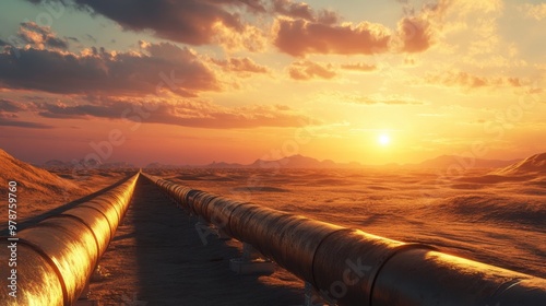 Oil pipeline crossing the desert at sunset, with a dramatic sky and vast landscape showcasing energy infrastructure.
