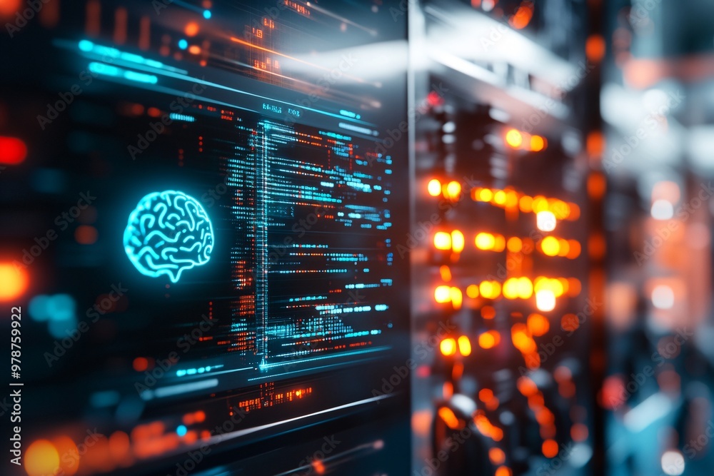 A sci-fi digital screen presents an AI chatbot with a blue brain symbol and futuristic data visualization elements. In the background, a large server room with glowing data cables is highlighted. A sci-fi digital screen presents an AI chatbot with a blue brain symbol and futuristic data visualization elements. In the background, a large server room with glowing data cables is highlighted.