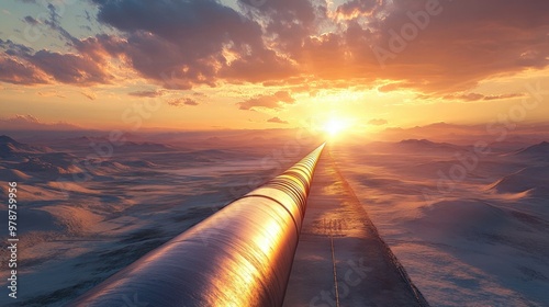 Oil pipeline crossing the desert at sunset, with a dramatic sky and vast landscape showcasing energy infrastructure.