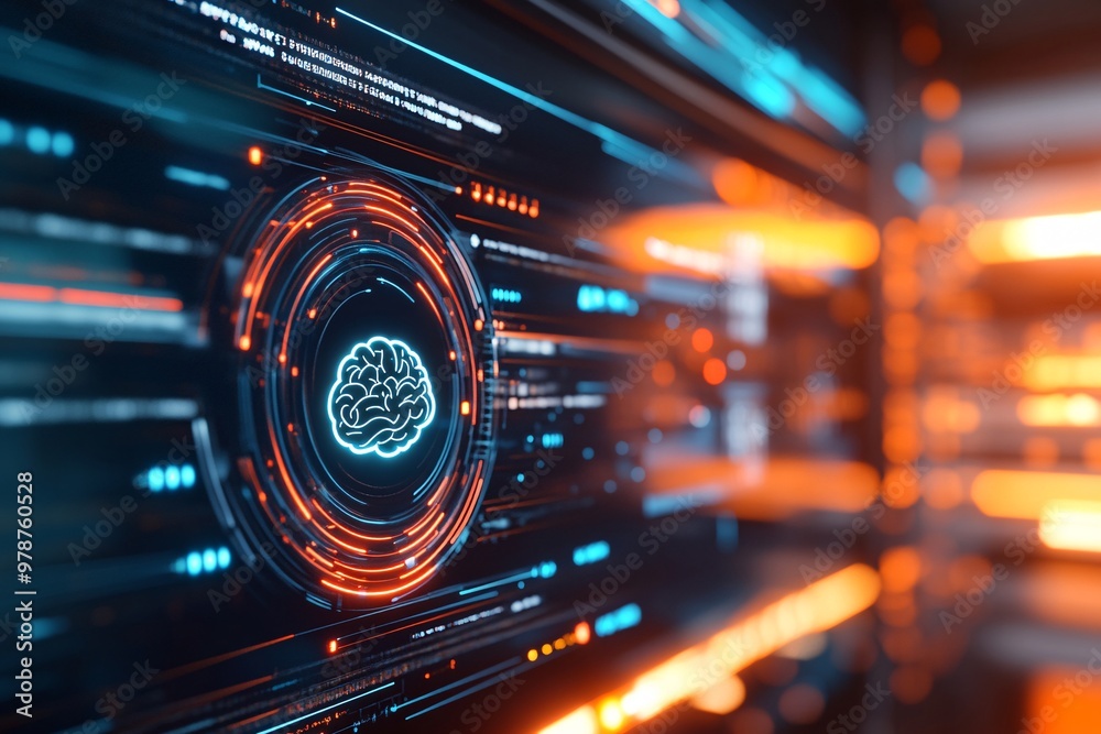 Obraz premium A digital display showing an AI chatbot interface with a holographic brain icon. Behind it, a futuristic server room with glowing data cables is featured.