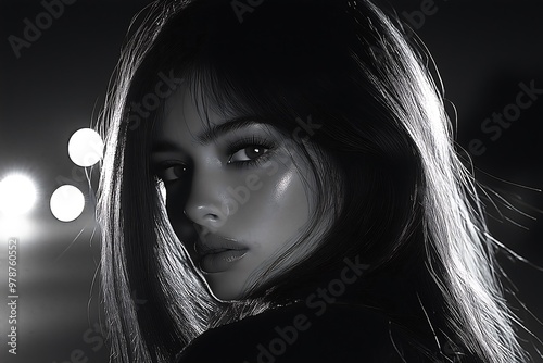 Dramatic Black and White Portrait of a Young Woman at Night photo