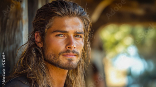 Handsome young man with long hair and beard is posing outdoors in a sunny day photo