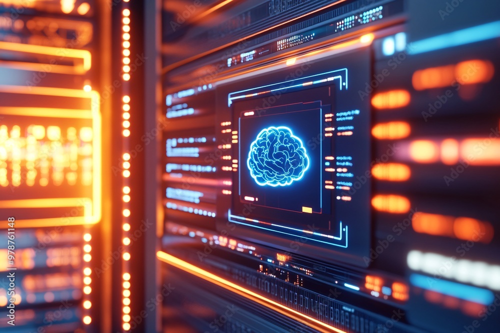 Obraz premium A futuristic display screen showing an AI chatbot with a blue brain icon, positioned in front of a high-tech server room. Data streams and digital coding elements complete the background.