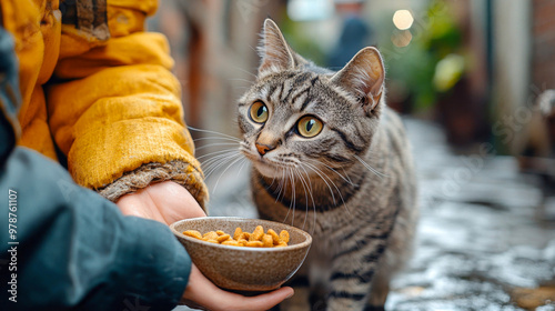 Curious tabby cat gazes intently at a bowl of dry food being offered by a person photo