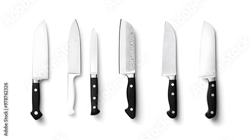 Assortment of Six Different Kitchen Knives on White Background