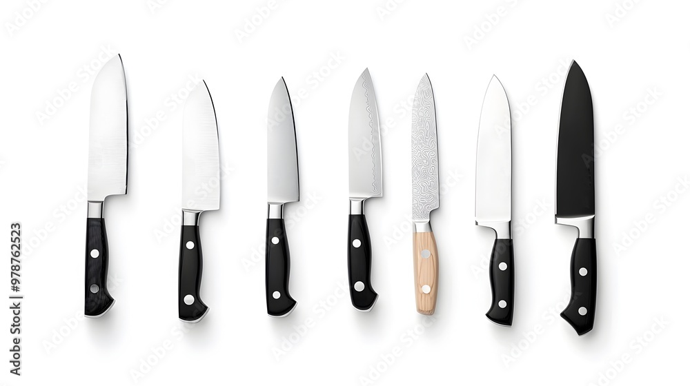 Six Assorted Kitchen Knives Displayed on a Clean White Surface Six Assorted Kitchen Knives Displayed on a Clean White Surface