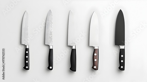 Six Distinct Kitchen Knives Displayed on a White Background for Cooking and Culinary