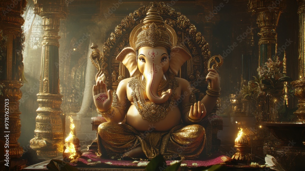 Fototapeta premium Majestic virtual Ganesha bathed in divine light, surrounded by shimmering gold ornaments and luxurious fabrics.