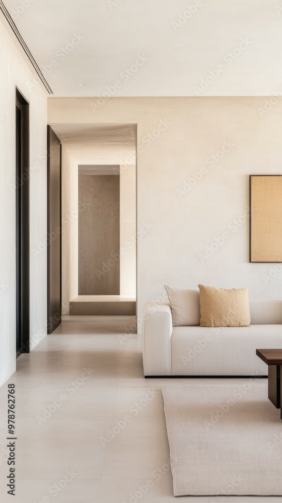 Fototapeta premium Minimalist living room interior with beige tones and natural light in a modern home