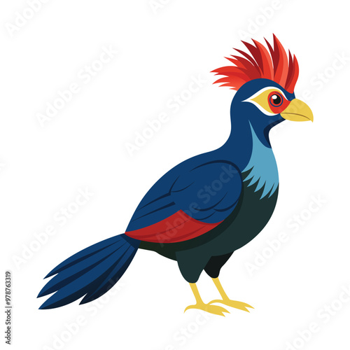 Colorful tropical bird, vibrant red crest, blue and red plumage, stylized illustration, large yellow beak, cartoon-like, exotic avian, 