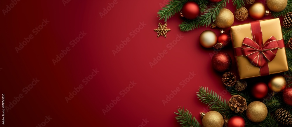 Festive Christmas tree ornaments and gift box with ribbon on red background for celebration Happy New Year banner empty space Festive Christmas tree ornaments and gift box with ribbon on red background for celebration Happy New Year banner empty space