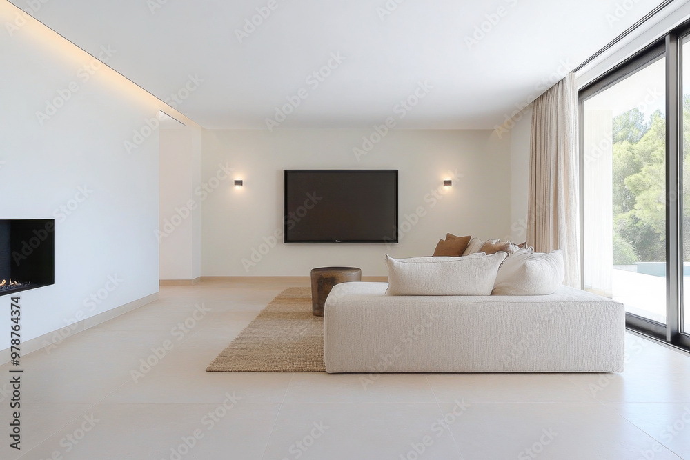 Modern minimalist living room with large windows and cozy furniture in a bright and airy setting Modern minimalist living room with large windows and cozy furniture in a bright and airy setting