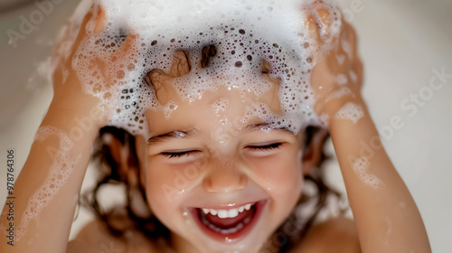 child getting their hair washed, with foamy shampoo bubbles covering their head