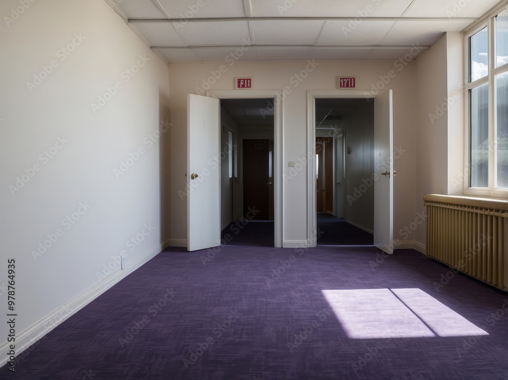 Empty Room with Two Doors Leading to Hallways and a Window Empty Room with Two Doors Leading to Hallways and a Window