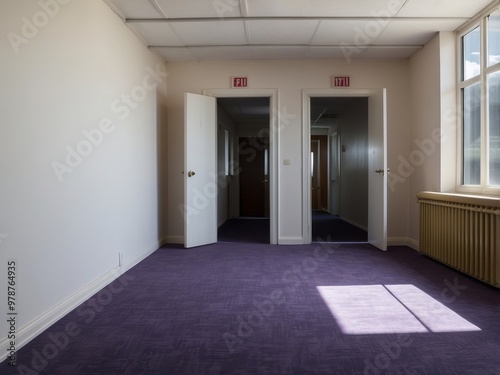 Empty Room with Two Doors Leading to Hallways and a Window